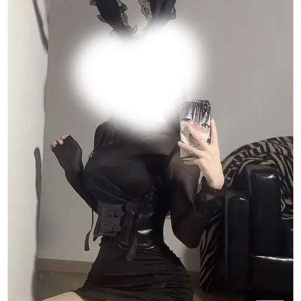 [BUNJANG] Black Shirring Dress with Belt Corset / [새상품/세트] 클럽룩 시스루 셔링 원피스 코르셋 벨트 세트