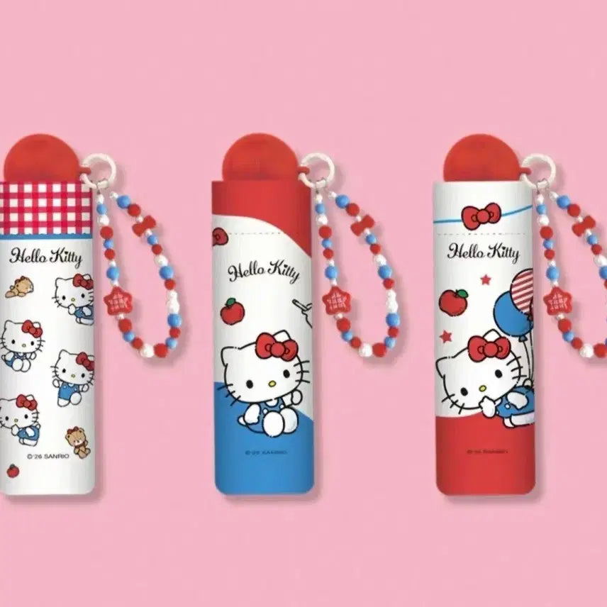 [BUNJANG] Hello Kitty 5-Section Folding Umbrella with Beads Strap (Set of 3) / 헬로키티 비즈스트랩 양우산 5단 3종
