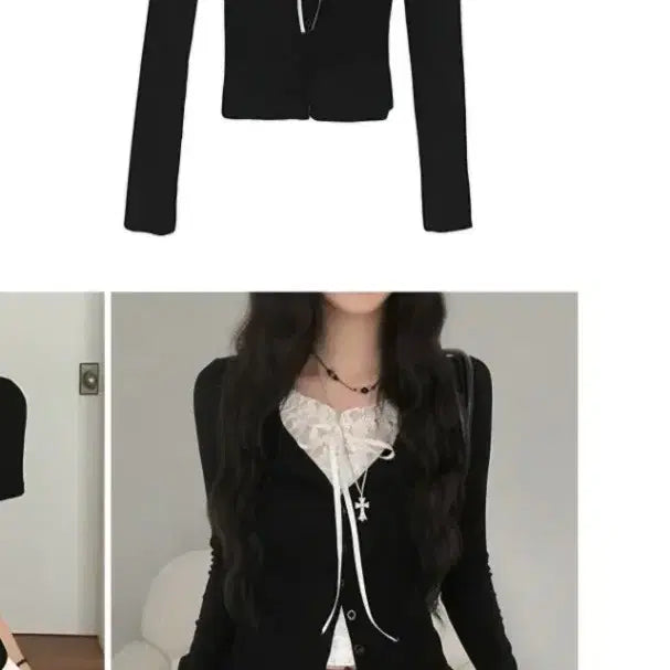 [BUNJANG] Layered Lace Cardigan T-Shirt / 일체형레이어드 레이스 에이블리 가디건 티셔츠 시즈니룩