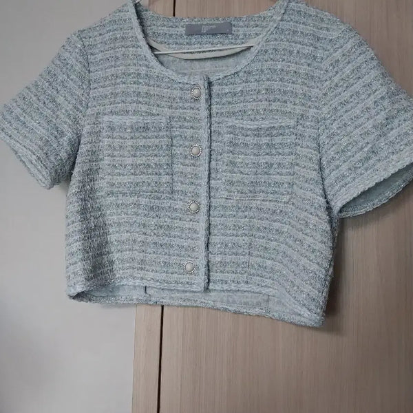 [BUNJANG] 8 Seconds Sky Blue Glitter Tweed Short Sleeve Jacket / 8세컨즈 반짝이 하늘색 트위드 반팔 자켓 44 55