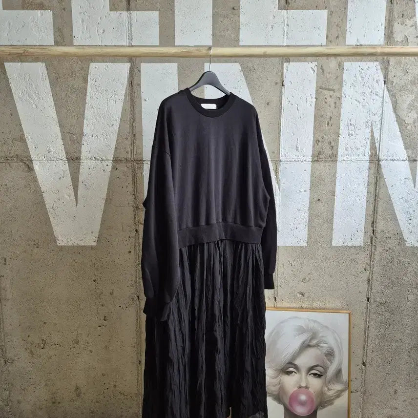 [BUNJANG] Sweatshirt Colorblock Chiffon Long Dress / 맨투맨 배색 쉬폰스커트 롱원피스(TS2