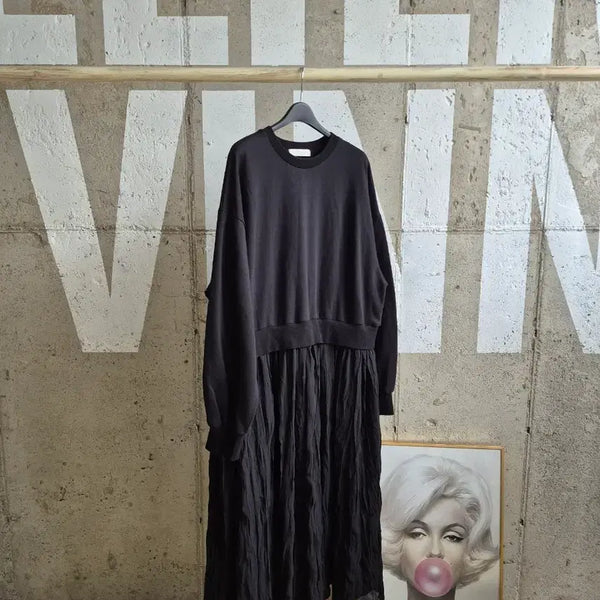 [BUNJANG] Sweatshirt Colorblock Chiffon Long Dress / 맨투맨 배색 쉬폰스커트 롱원피스(TS2