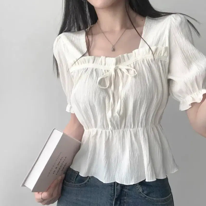 [BUNJANG] Square Neck Puff Sleeve Blouse / 에이블리 스퀘어넥 퍼프소매 블라우스