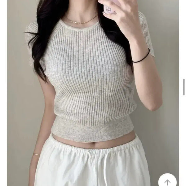 [BUNJANG] Oatmeal Ribbed Short Sleeve Knit / 오트밀 골지 반팔 니트