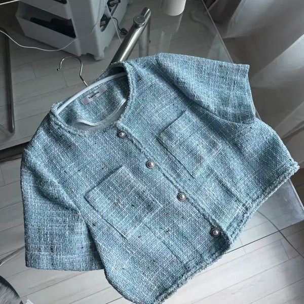 [BUNJANG] 8seconds Cropped Tweed Jacket Sky Blue / 에잇세컨즈 크롭 트위드 자켓 스카이블루