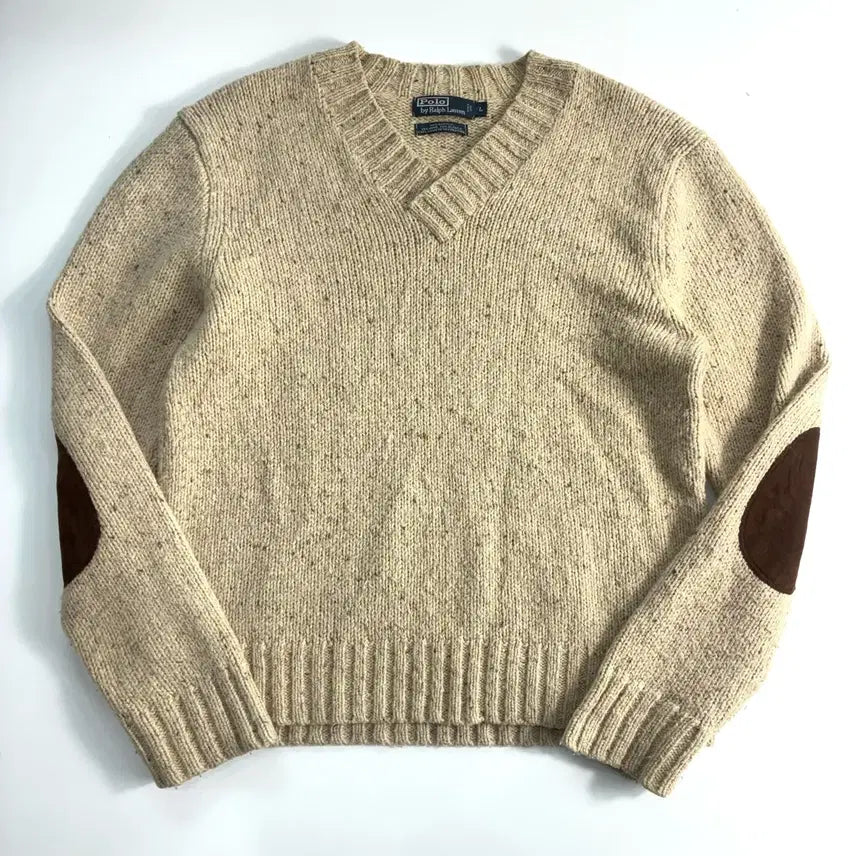 [BUNJANG] Polo Ralph Lauren 90s Embroidered Wool Alpaca Elbow Patch Ivory V-Neck Knit / Polo  폴로 랄프로렌 90,s 자수 울 알파카 엘보패치 아이보리 브이넥 니트
