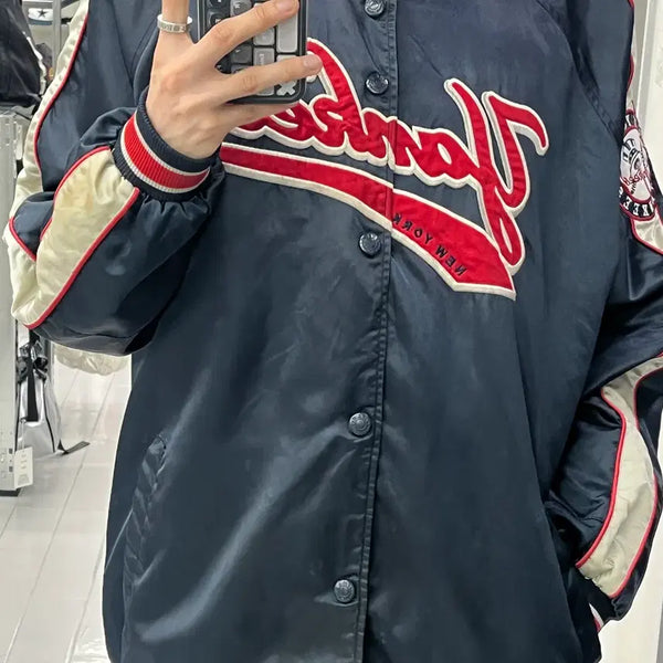 [BUNJANG] MLB New York Yankees Old School Satin Varsity Jacket Navy / (2XL) MLB 뉴욕 양키스 올드스쿨 사틴 바시티 자켓 네이비