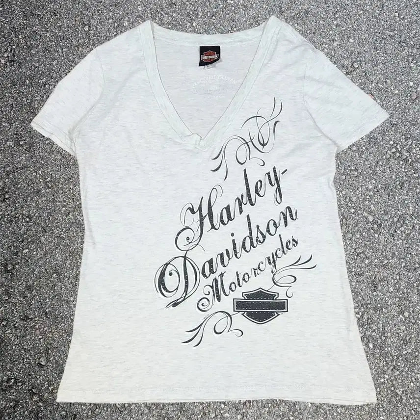 [BUNJANG] Harley Davidson Diagonal Big Logo Script V-Neck Short Sleeve T-Shirt 2XL / 할리데이비슨 사선 빅로고 필기체 브이넥 반팔 티셔츠 2XL