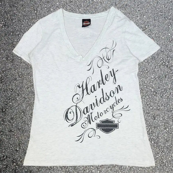 [BUNJANG] Harley Davidson Diagonal Big Logo Script V-Neck Short Sleeve T-Shirt 2XL / 할리데이비슨 사선 빅로고 필기체 브이넥 반팔 티셔츠 2XL
