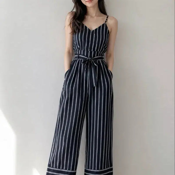 [BUNJANG] Navy Striped Wide Jumpsuit / 줄무늬 와이드 점프수트 네이비