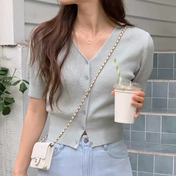 [BUNJANG] Linen Short Sleeve Knit Cardigan / 린넨 반팔 니트 가디건