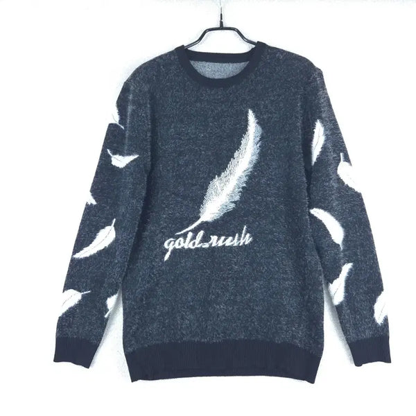[BUNJANG] Women's Black Gold Rush Feather Pattern Knit Top (Size 55) / 여성 블랙 골드러쉬 깃털 패턴 니트 티(55)