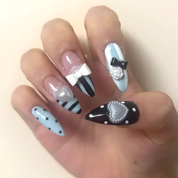 [BUNJANG] Handmade Sky Blue Black Ribbon Nail Tips / 수제 네일팁 스카이 블루 블랙 리본 네일