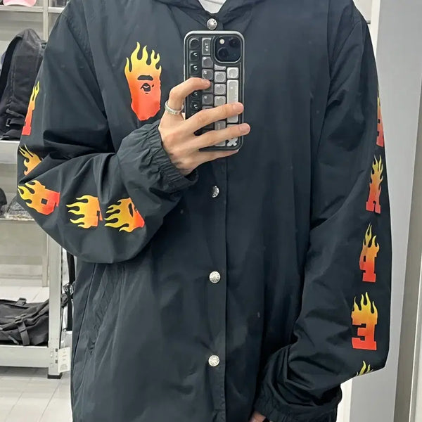 [BUNJANG] BAPE Flame Head Logo Nylon Button Windbreaker XL / (L) 베이프 플레임 헤드 로고 나일론 버튼 바람막이