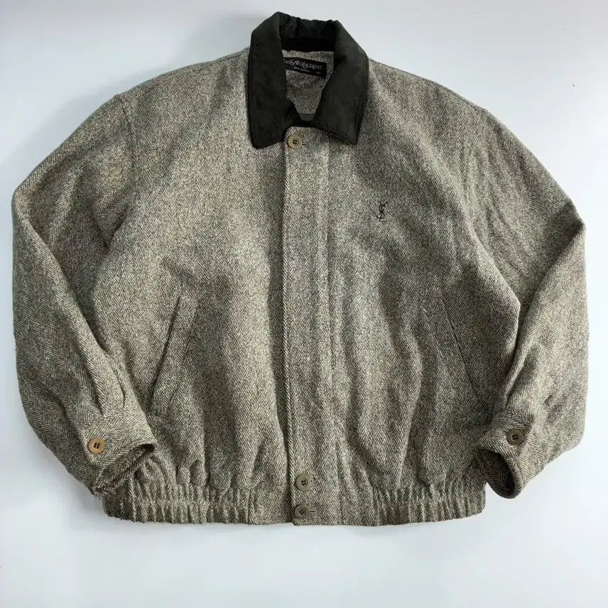 [BUNJANG] Yves Saint Laurent Herringbone Blouson Leather Collar Jacket / YSL  입생로랑 해링본 블루종 레더카라 자켓
