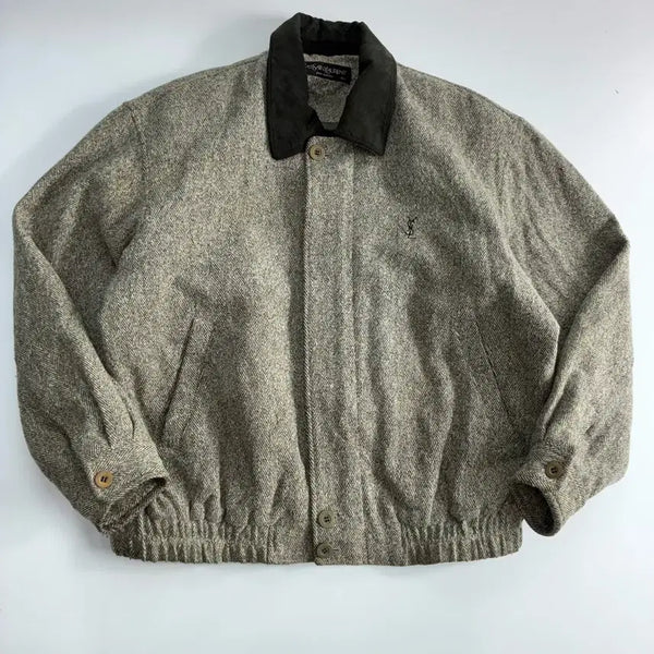 [BUNJANG] Yves Saint Laurent Herringbone Blouson Leather Collar Jacket / YSL  입생로랑 해링본 블루종 레더카라 자켓