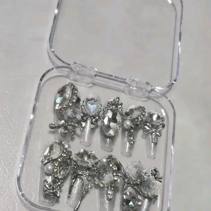 [BUNJANG] Handmade Nail Tips Silver Glitter Cubic (Size S) / 수제 네일팁 실버 글리터 큐빅 (S사이즈)