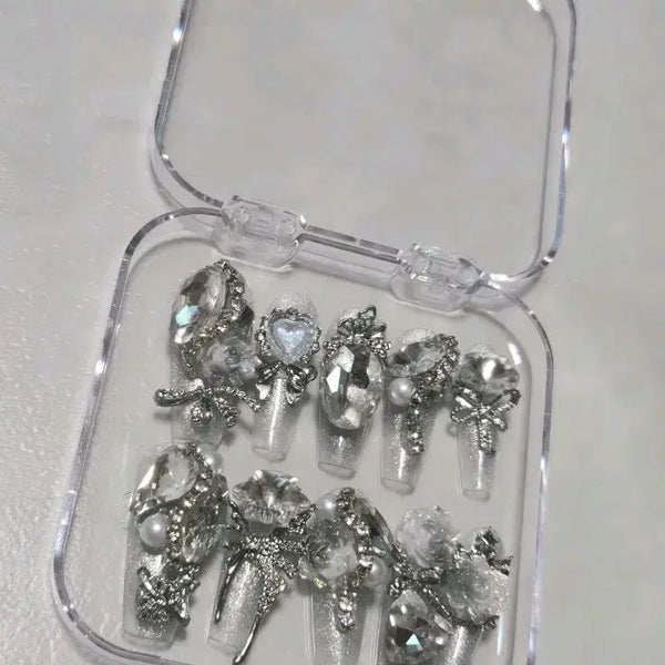 [BUNJANG] Handmade Nail Tips Silver Glitter Cubic (Size S) / 수제 네일팁 실버 글리터 큐빅 (S사이즈)