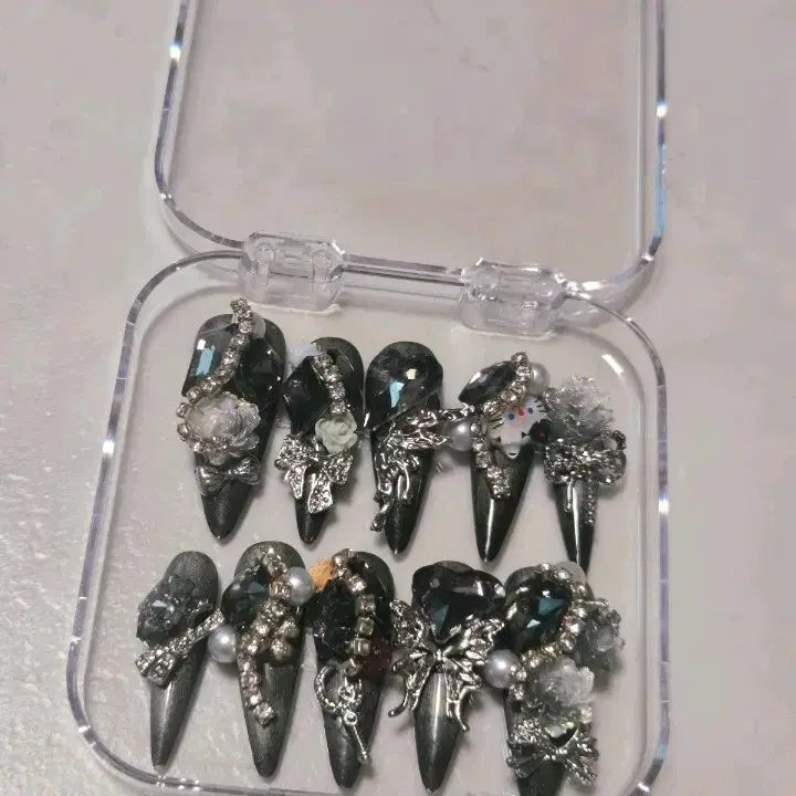 [BUNJANG] Handmade Nail Tips Set - Black & Silver / (s사이즈) 블랙 실버 화려한 수제 네일팁 세트 판매해요!