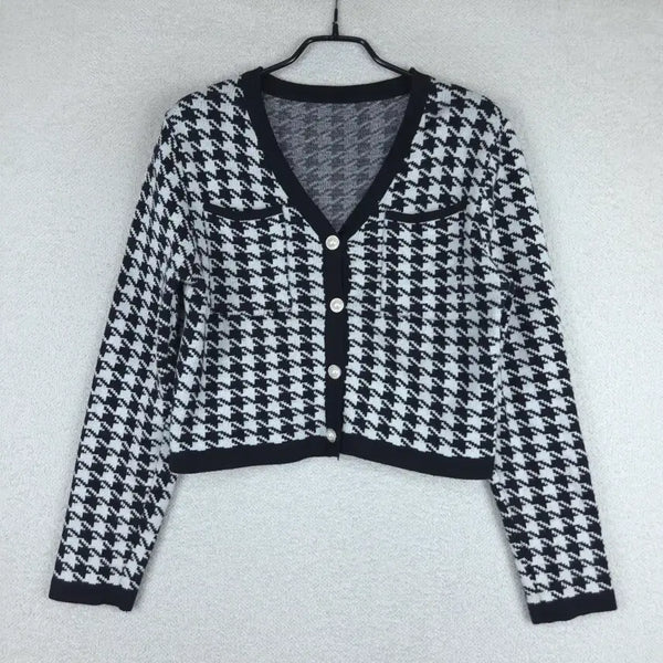 [BUNJANG] Houndstooth Check Cropped Knit Cardigan / 여성 하운드투스 체크 크롭 니트 가디건(F)