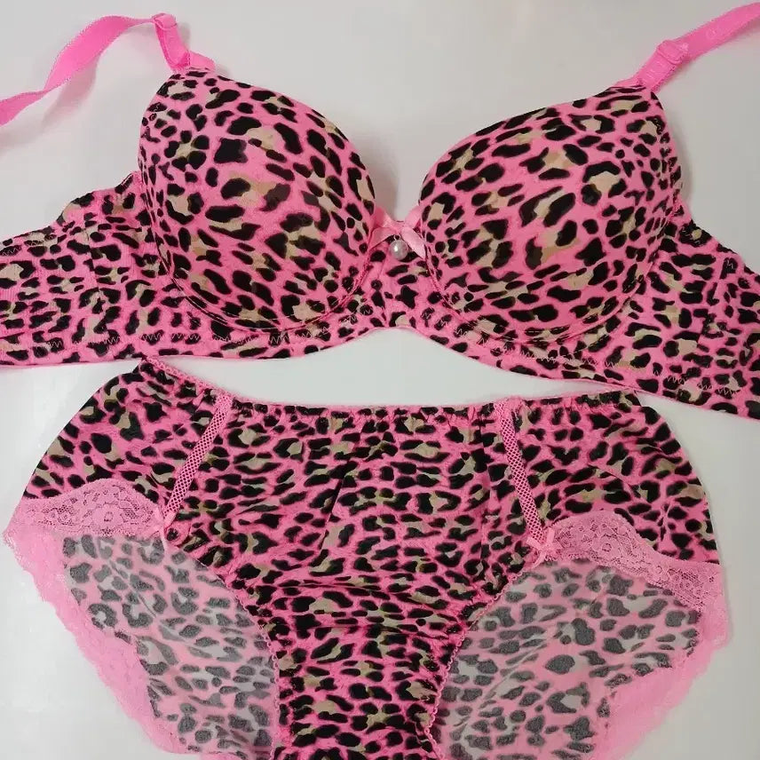 [BUNJANG] Pink Leopard Print Bra Panty Set / 핑크 레오파드 브라 팬티 세트