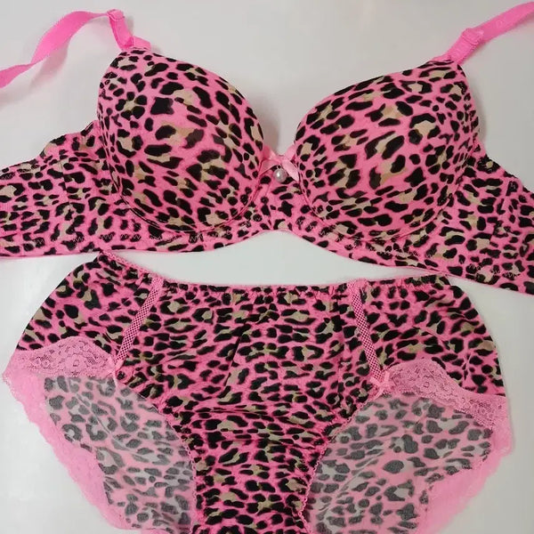 [BUNJANG] Pink Leopard Print Bra Panty Set / 핑크 레오파드 브라 팬티 세트