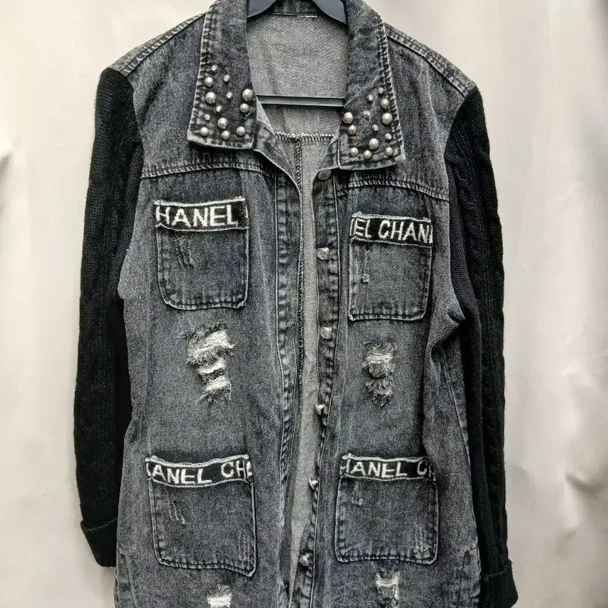 [BUNJANG] Women's Denim Jacket with Knit Sleeve Contrast / 소매 니트배색 여성 데님자켓 55-66
