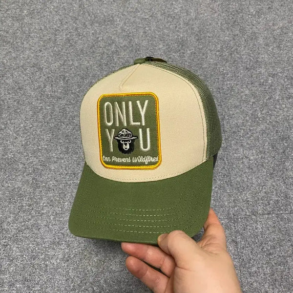 [BUNJANG] Smokey Bear Patch Trucker Cap Green Beige / 스모키베어 ONLY YOU 패치 메쉬 트럭커캡 그린베이지