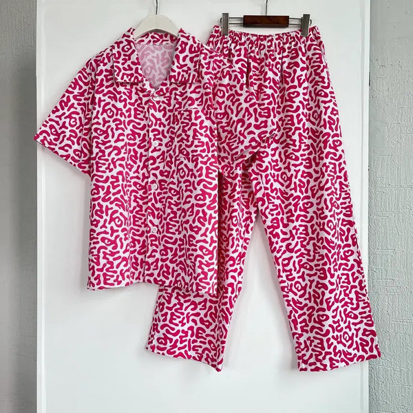 [BUNJANG] Pink School Uniform Pattern Short Sleeve Set / 핑크 교련복 지브리 패턴 반팔 세트