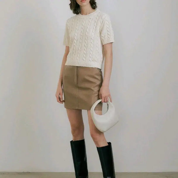 [BUNJANG] Lemme Cable Crop Knit Ivory / Lemme 케이블 크롭 반팔 니트 아이보리