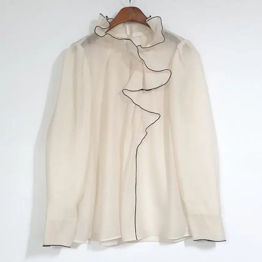 [BUNJANG] JIGOTT Sheer Blouse Ivory/Black Line Size 55-66 / JIGOTT 시스루 블라우스 55-66