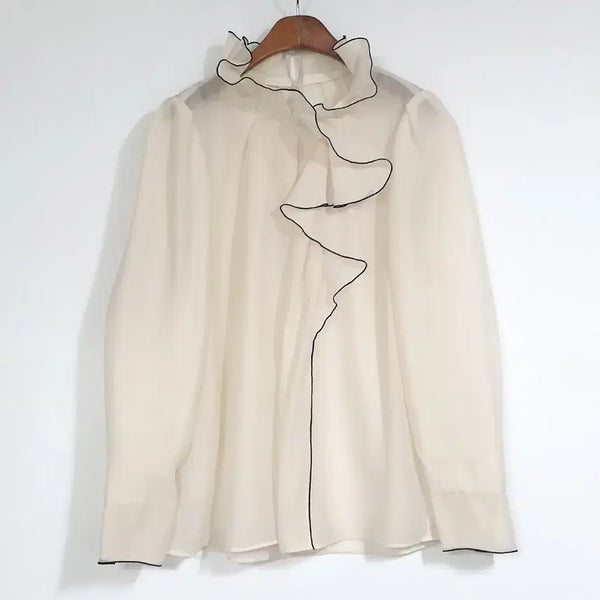 [BUNJANG] JIGOTT Sheer Blouse Ivory/Black Line Size 55-66 / JIGOTT 시스루 블라우스 55-66