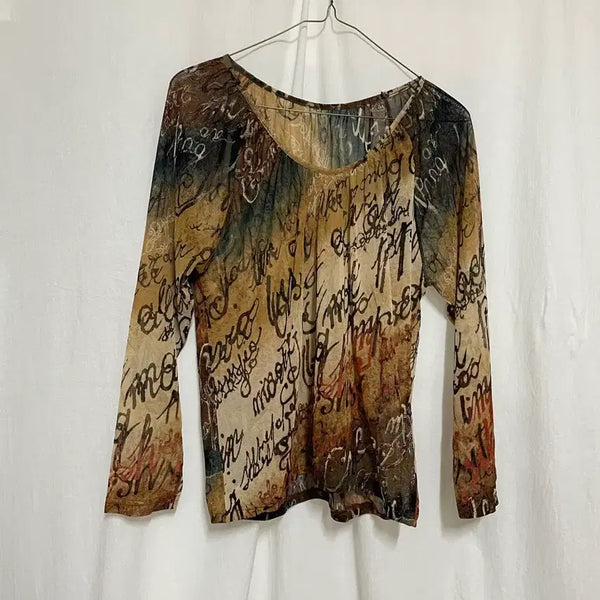 [BUNJANG] Vintage Lettering Mesh Long Sleeve Top / 빈티지 레터링 메쉬 롱슬리브