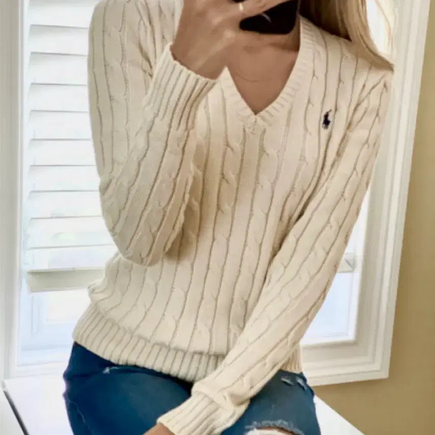 [BUNJANG] Polo Ralph Lauren Cable V-Neck Knit Ivory / 폴로 랄프로렌 케이블 브이넥 니트 아이보리