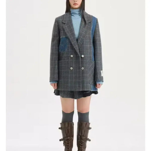 [BUNJANG] Lucky Chouette Double Button Check Denim Mix Jacket / 럭키슈에뜨자켓ㅡ새상품