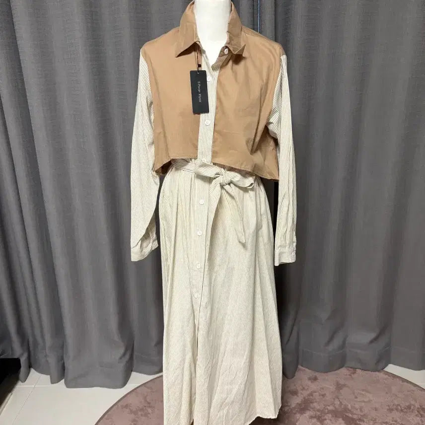[BUNJANG] Stripe Shirt Dress Beige / 스트라이프 셔츠 원피스 베이지 새상품