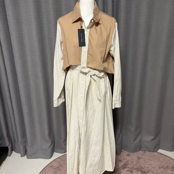 [BUNJANG] Stripe Shirt Dress Beige / 스트라이프 셔츠 원피스 베이지 새상품
