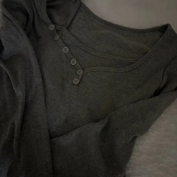 [BUNJANG] Gray Slim Fit Button Ribbed T-Shirt / 회색 슬림핏 버튼 골지 티