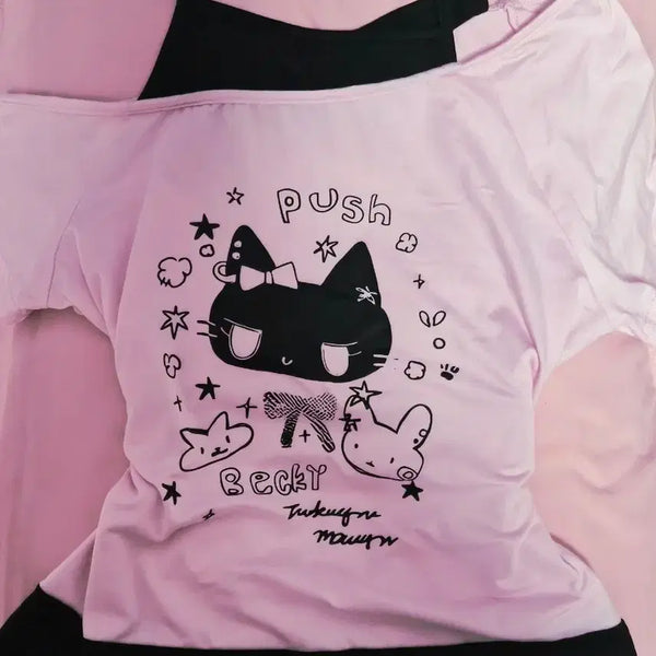 [BUNJANG] Cat One-Shoulder T-Shirt (New, Unworn) / 고양이 원숄더 (미착용 새상품)