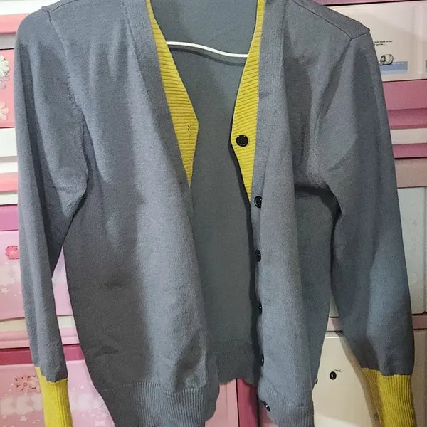 [BUNJANG] Color Block Knit Cardigan / 그레이 옐로우 배색 가디건 일반66맞음 세탁완료