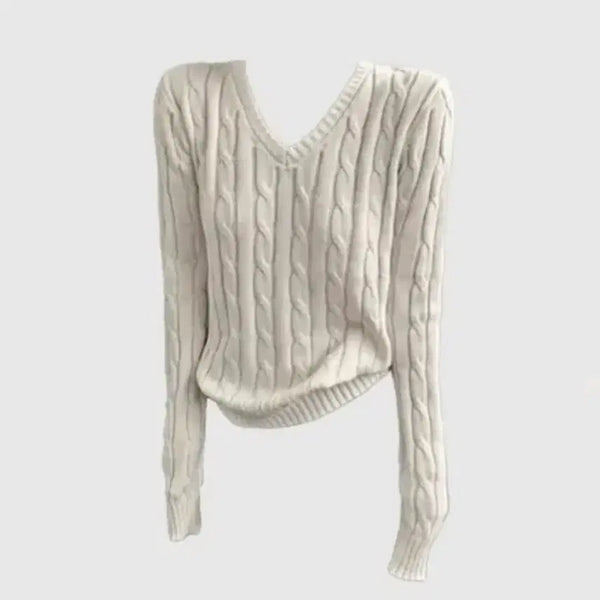 [BUNJANG] Leafy Twist V-Neck Knit Ivory / 리프레 꽈배기 브이넥 니트 아이보리