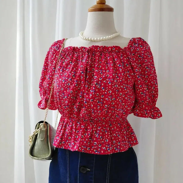 [BUNJANG] Red Flower Square Neck Puff Blouse / 레드 플라워 스퀘어넥 퍼프 블라우스