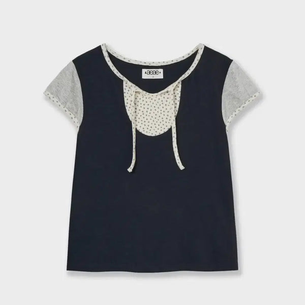 [BUNJANG] Aeiou Flower Block Tee [Navy] / 에이이에이이 티셔츠 FLOWER BLOCK TEE [NAVY]