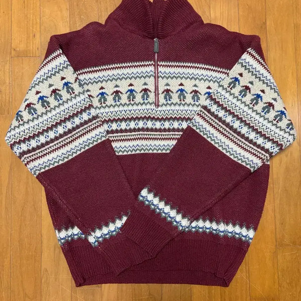 [BUNJANG] Burgundy Pattern Half-Zip Knit / 하프집업 니트 버건디 패턴