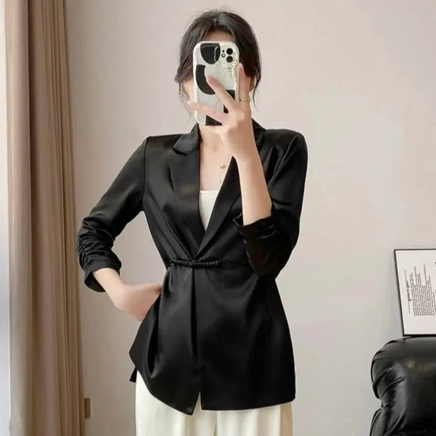 [BUNJANG] Black Satin Belted Jacket / 블랙 새틴 벨트 자켓