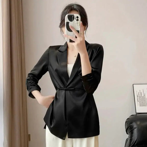[BUNJANG] Black Satin Belted Jacket / 블랙 새틴 벨트 자켓