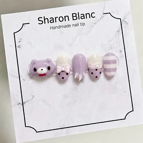 [BUNJANG] Purple Gloomy Bear Nail Tips - 15 Shape Options / 퍼플 가로 글루미베어 네일팁 / 15종 쉐입