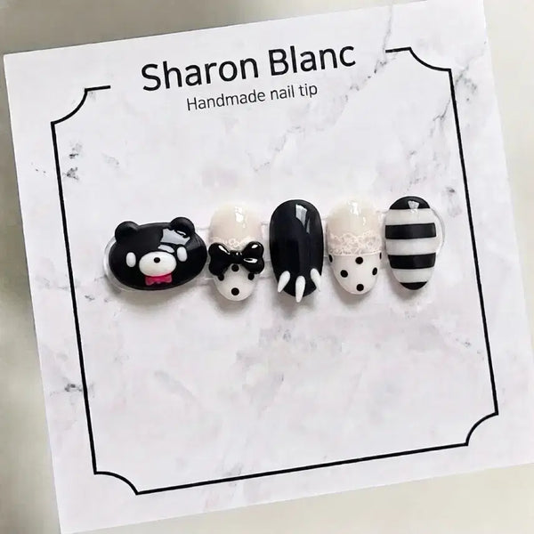 [BUNJANG] Gloomy Bear Black Horizontal Nail Tips (15 Shapes) / 블랙 가로 글루미베어 네일팁 / 15종 쉐입