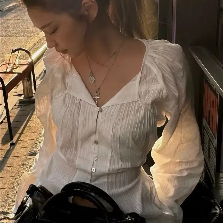 [BUNJANG] GLOWNY Misty Sheer Blouse White / [M] 글로니 미스티 쉬어 블라우스 화이트