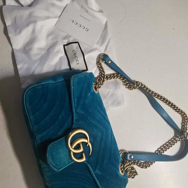 [BUNJANG] Gucci Matelassé Velvet Shoulder Bag Teal / 구찌 마틀라세 벨벳 숄더백 청록색